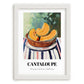 Cantaloupe – on Striped Tablecloth, Fruit Wall Decor, placed in minimal white frame