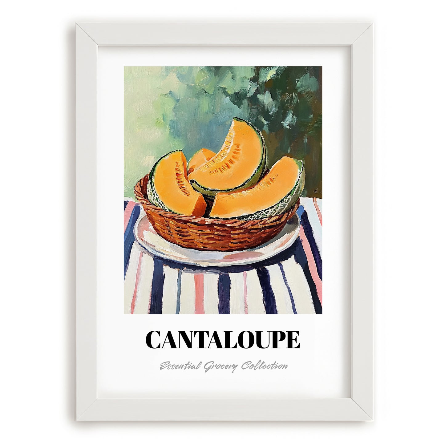 Cantaloupe – on Striped Tablecloth, Fruit Wall Decor, placed in minimal white frame