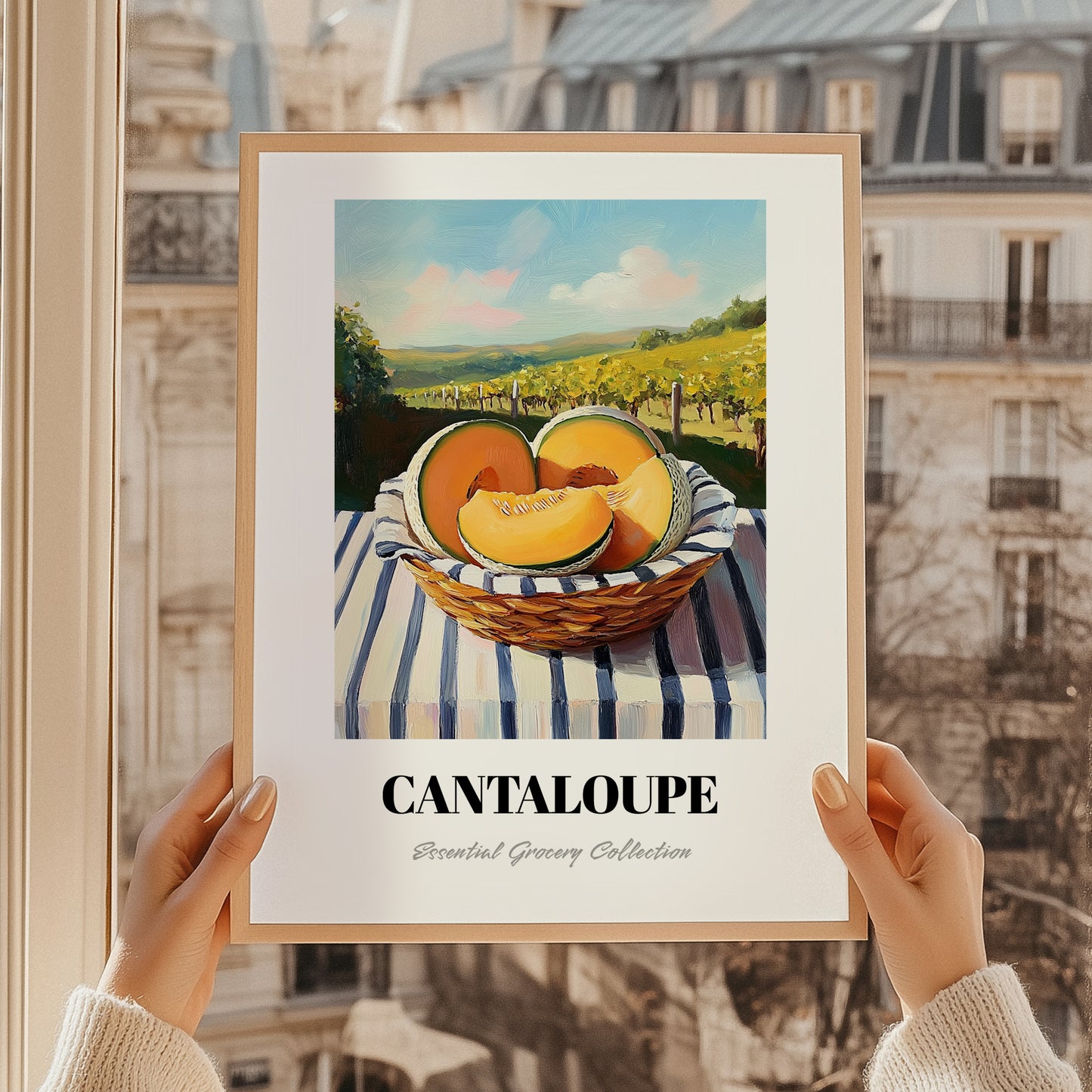 Cantaloupe – Valley Café Scene, Fruit Print, styled in a charming Paris street view