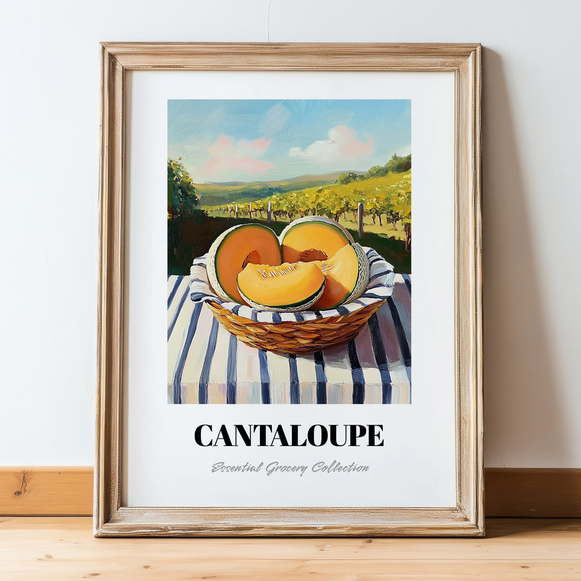 Cantaloupe – Valley Café Scene, Fruit Print, in wooden frame leaning on the floor