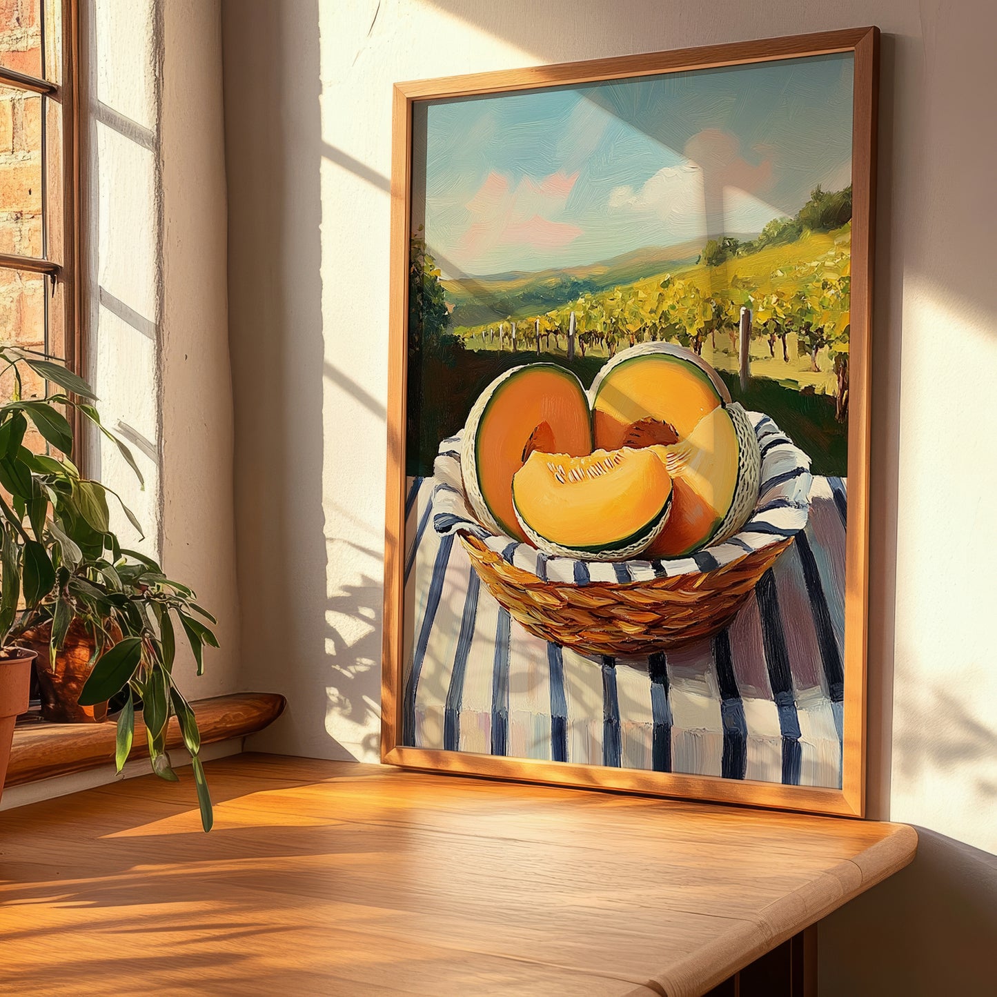 Cantaloupe – Valley Café Scene, Fruit Print, clean layout with no caption