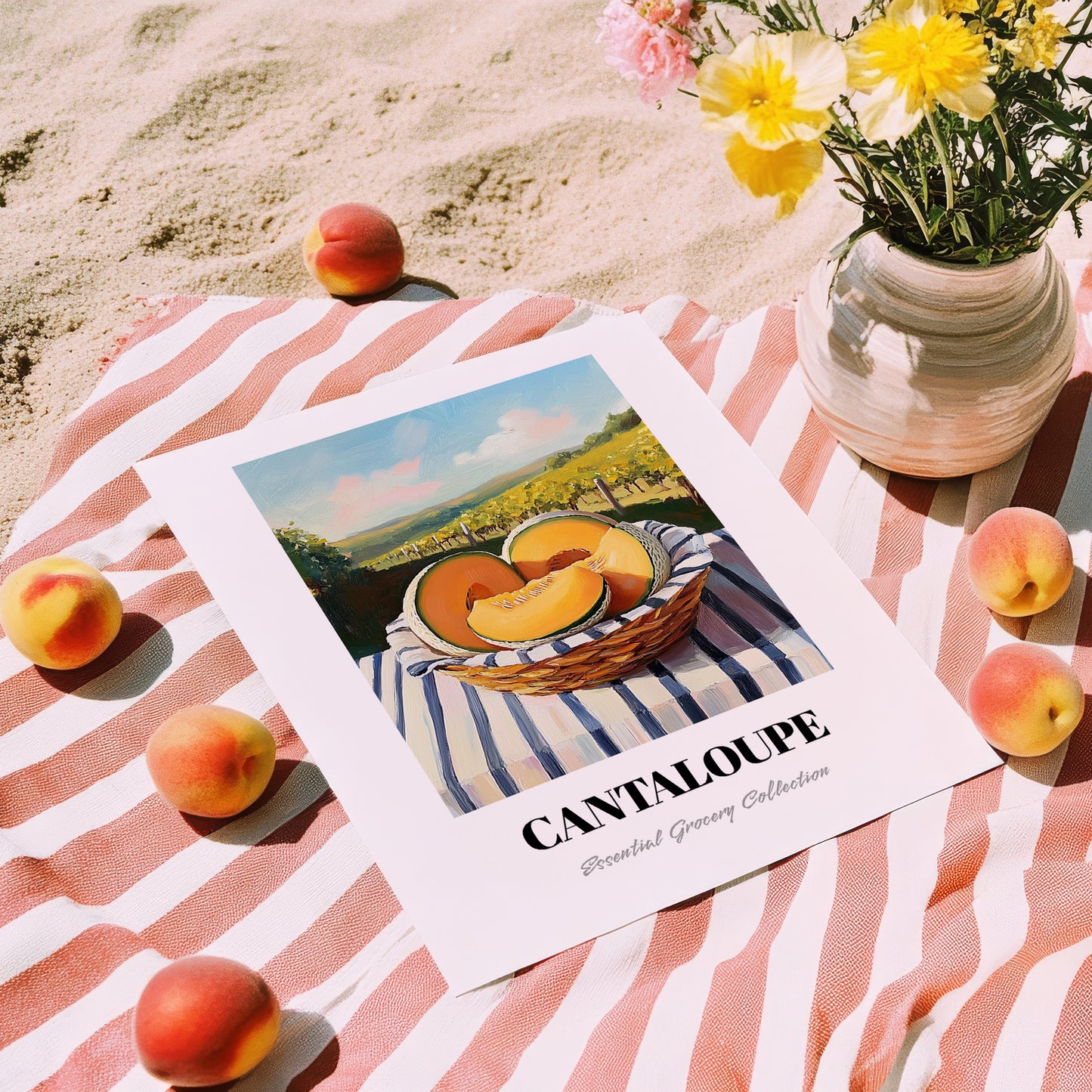 Cantaloupe – Valley Café Scene, Fruit Print, unframed on coastal sand