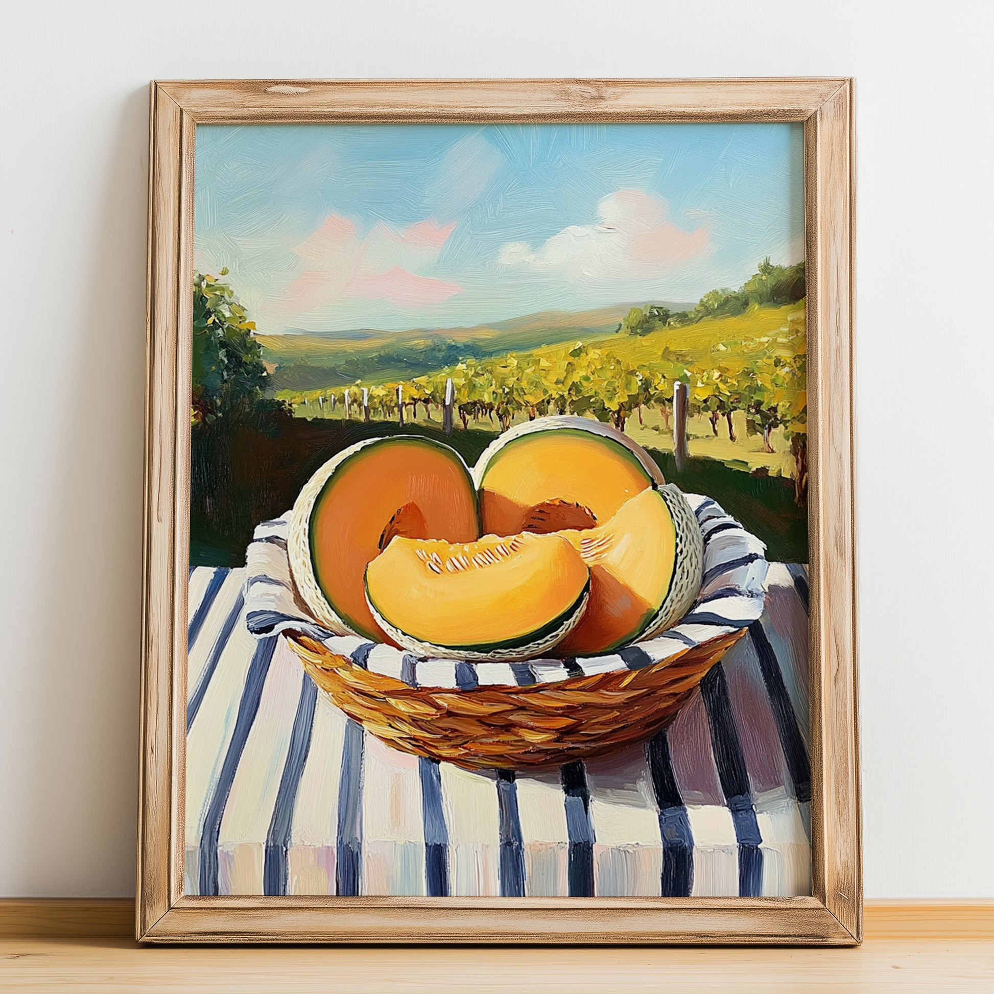 Cantaloupe – Valley Café Scene, Fruit Print, no-text version framed in wood