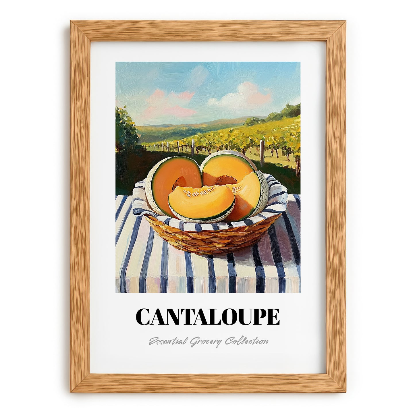 Cantaloupe – Valley Café Scene, Fruit Print, set in oak frame
