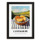 Cantaloupe – Valley Café Scene, Fruit Print, in sleek black frame
