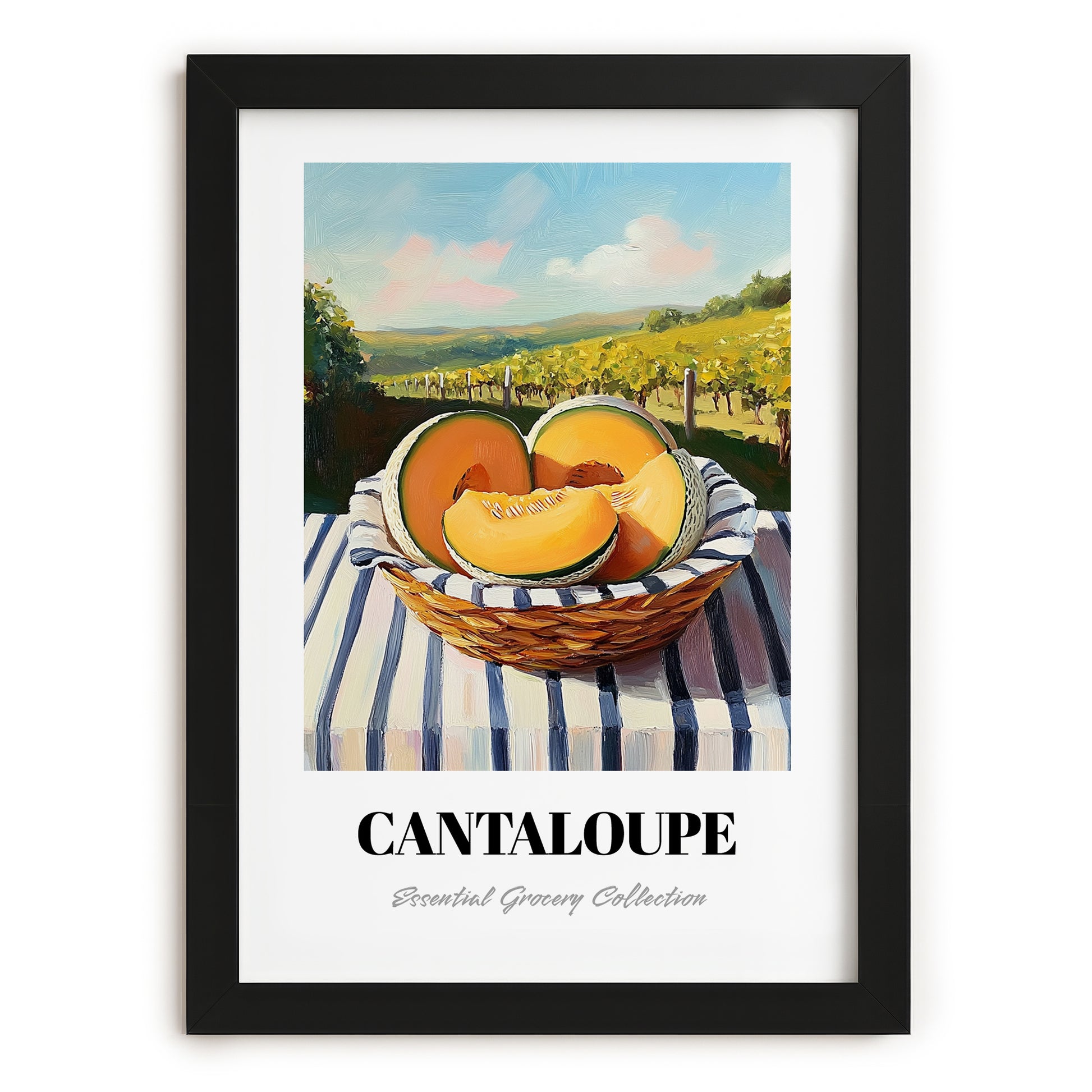 Cantaloupe – Valley Café Scene, Fruit Print, in sleek black frame