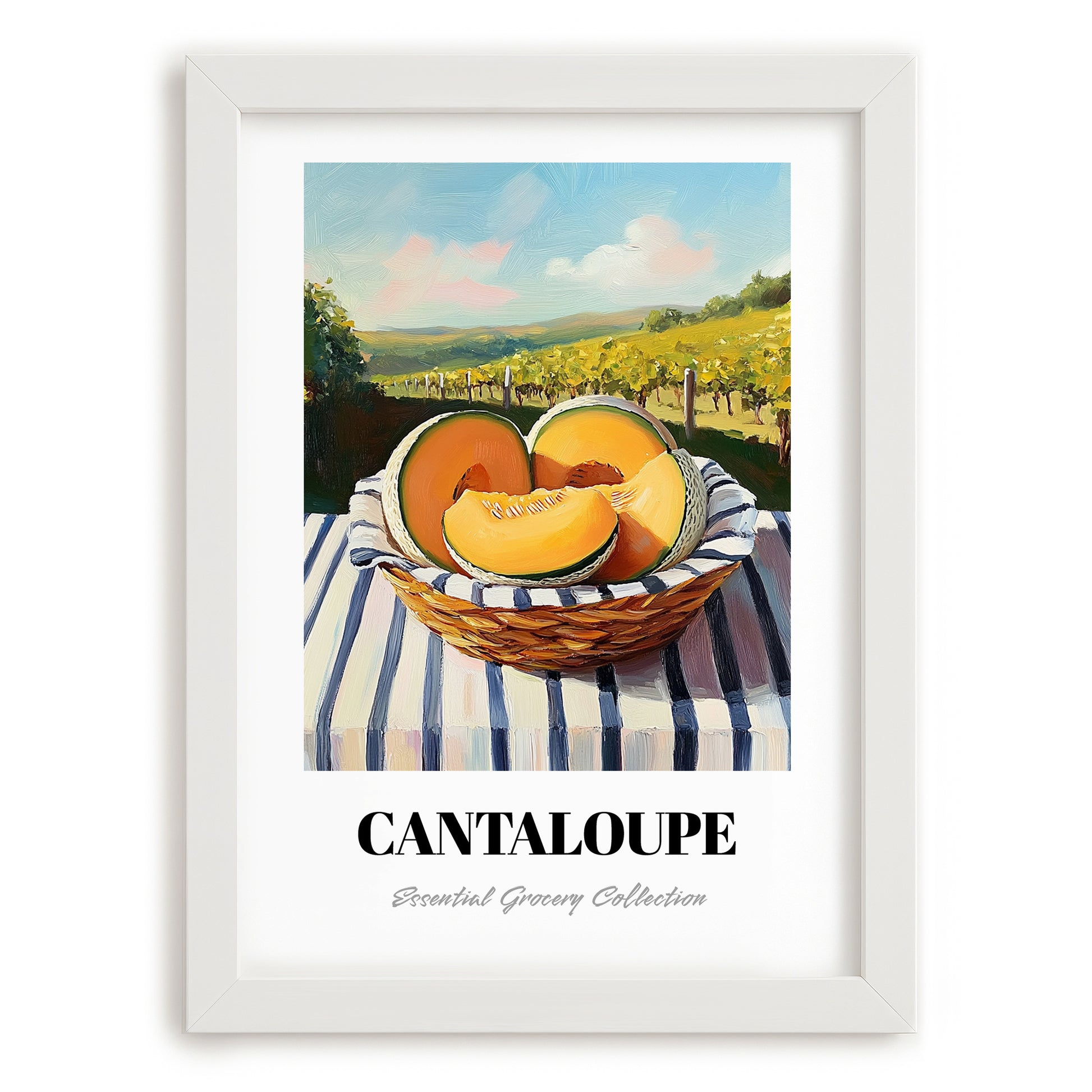 Cantaloupe – Valley Café Scene, Fruit Print, placed in minimal white frame