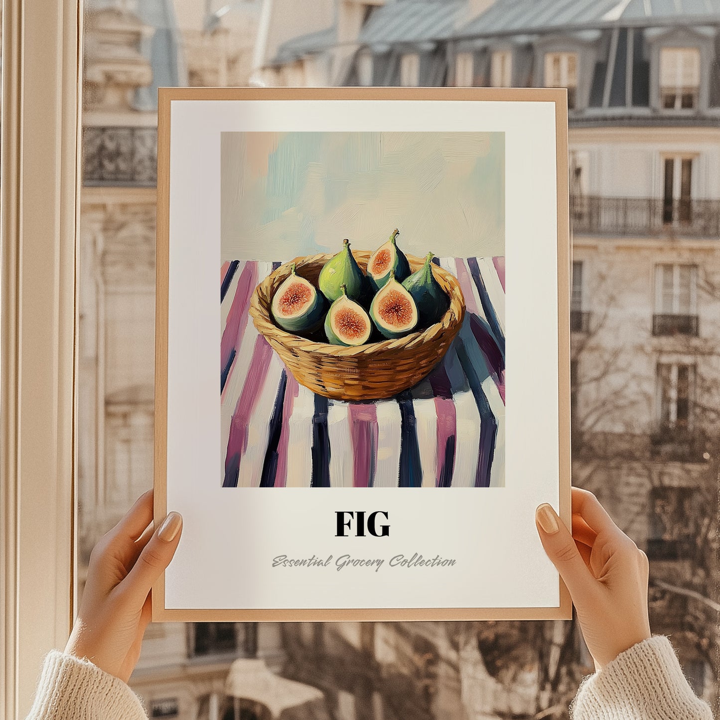Fig – on Striped Tablecloth, Fruit Still Life, styled in a charming Paris street view