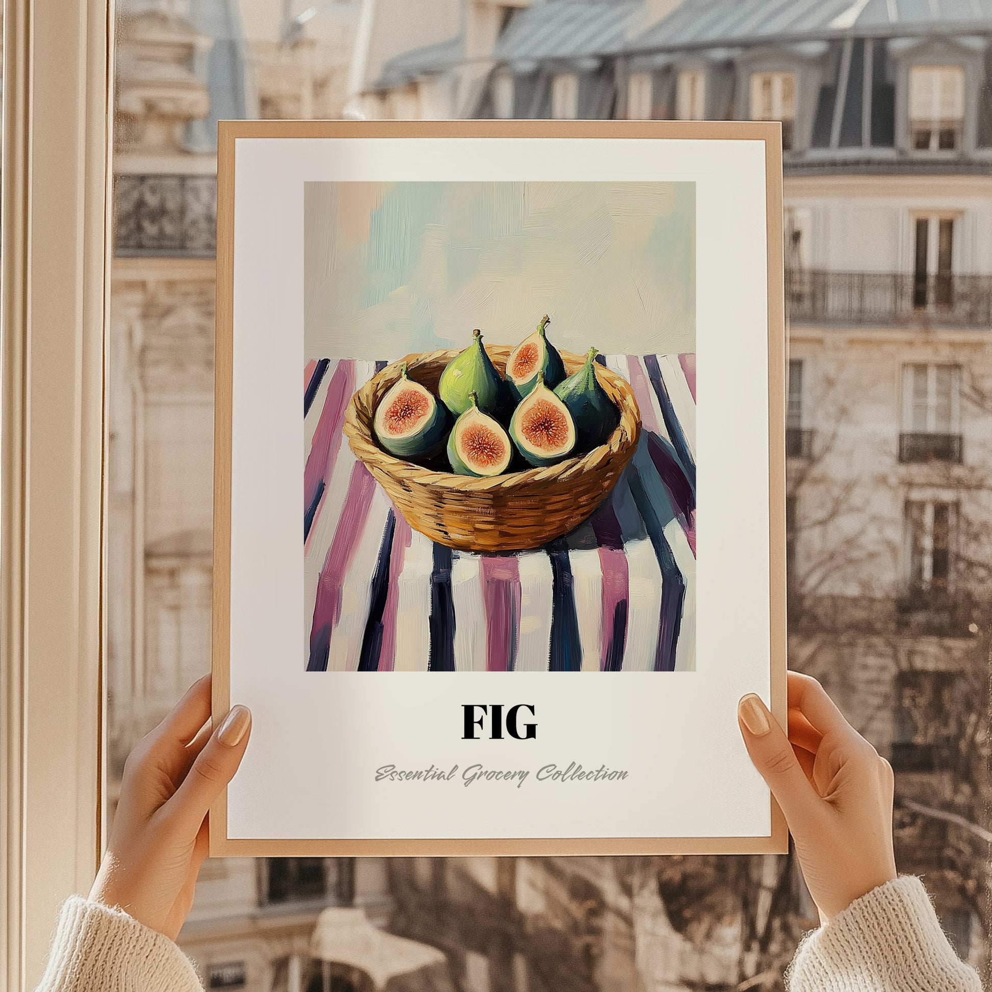 Fig – on Striped Tablecloth, Fruit Still Life, styled in a charming Paris street view