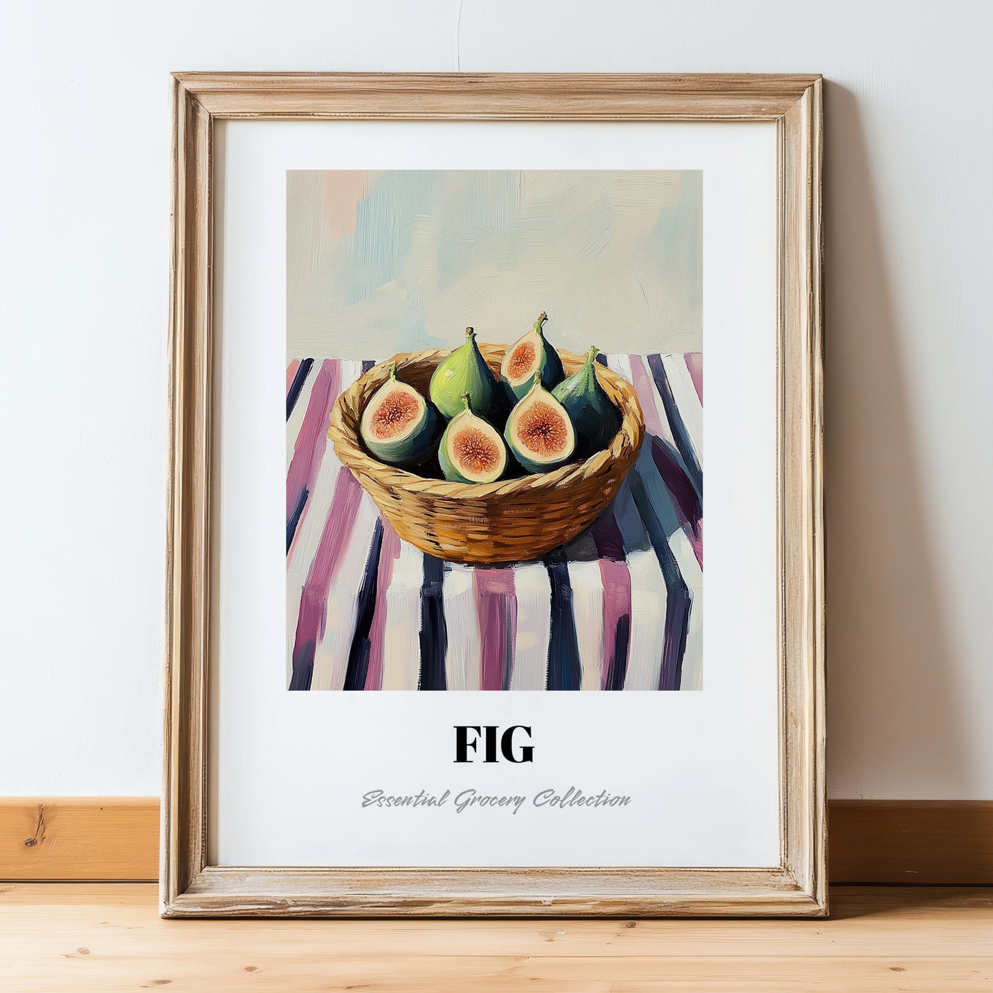 Fig – on Striped Tablecloth, Fruit Still Life, in wooden frame leaning on the floor