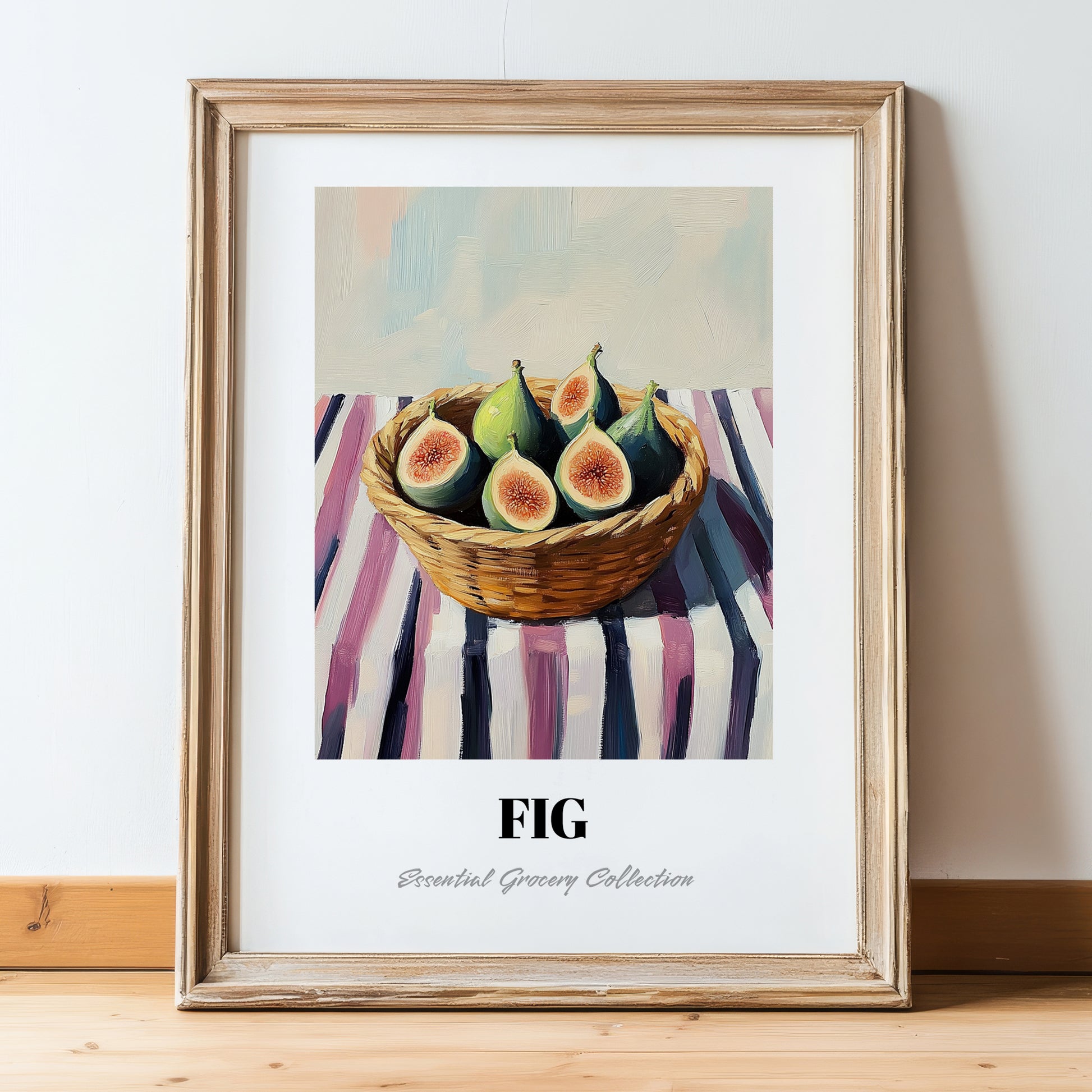 Fig – on Striped Tablecloth, Fruit Still Life, in wooden frame leaning on the floor