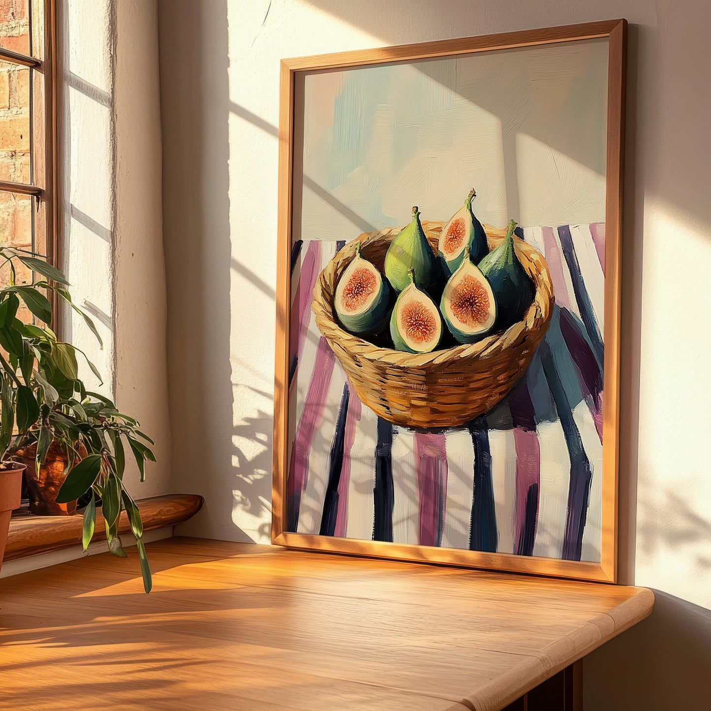 Fig – on Striped Tablecloth, Fruit Still Life, clean layout with no caption