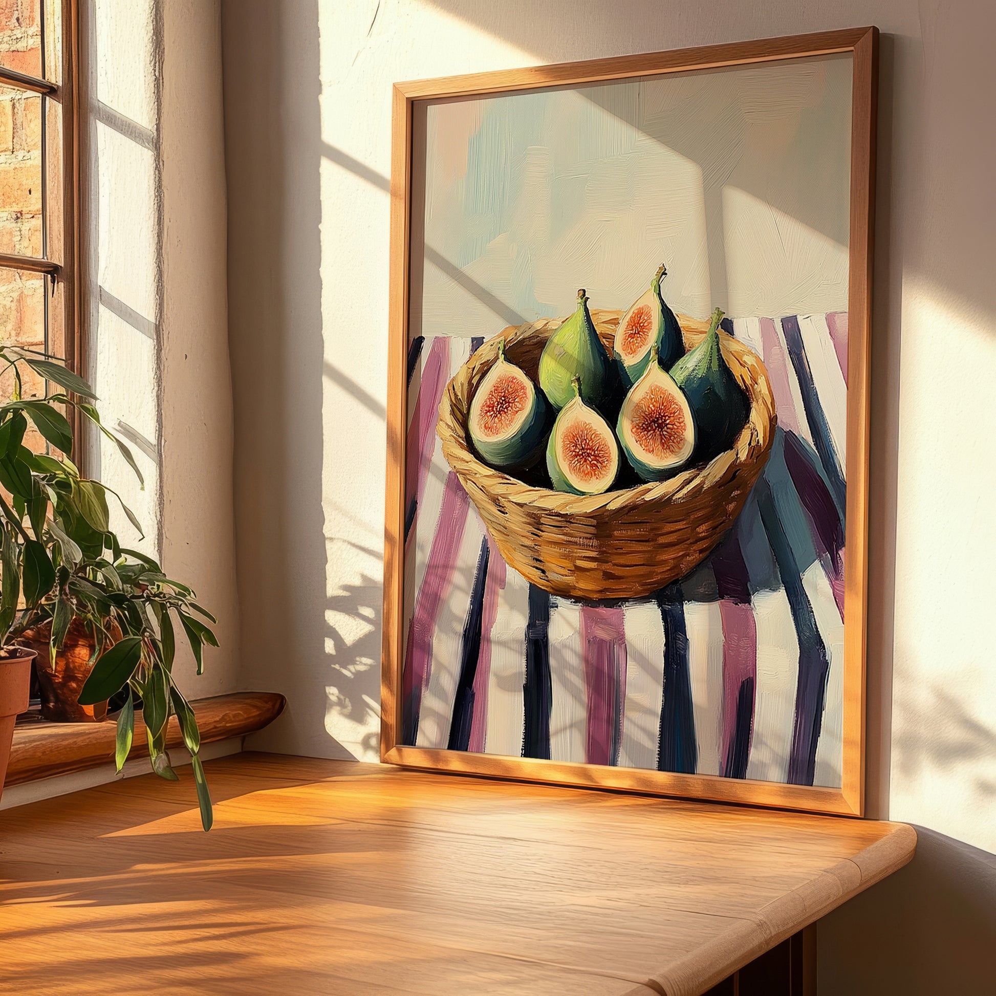 Fig – on Striped Tablecloth, Fruit Still Life, clean layout with no caption