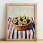 Fig – on Striped Tablecloth, Fruit Still Life, no-text version framed in wood