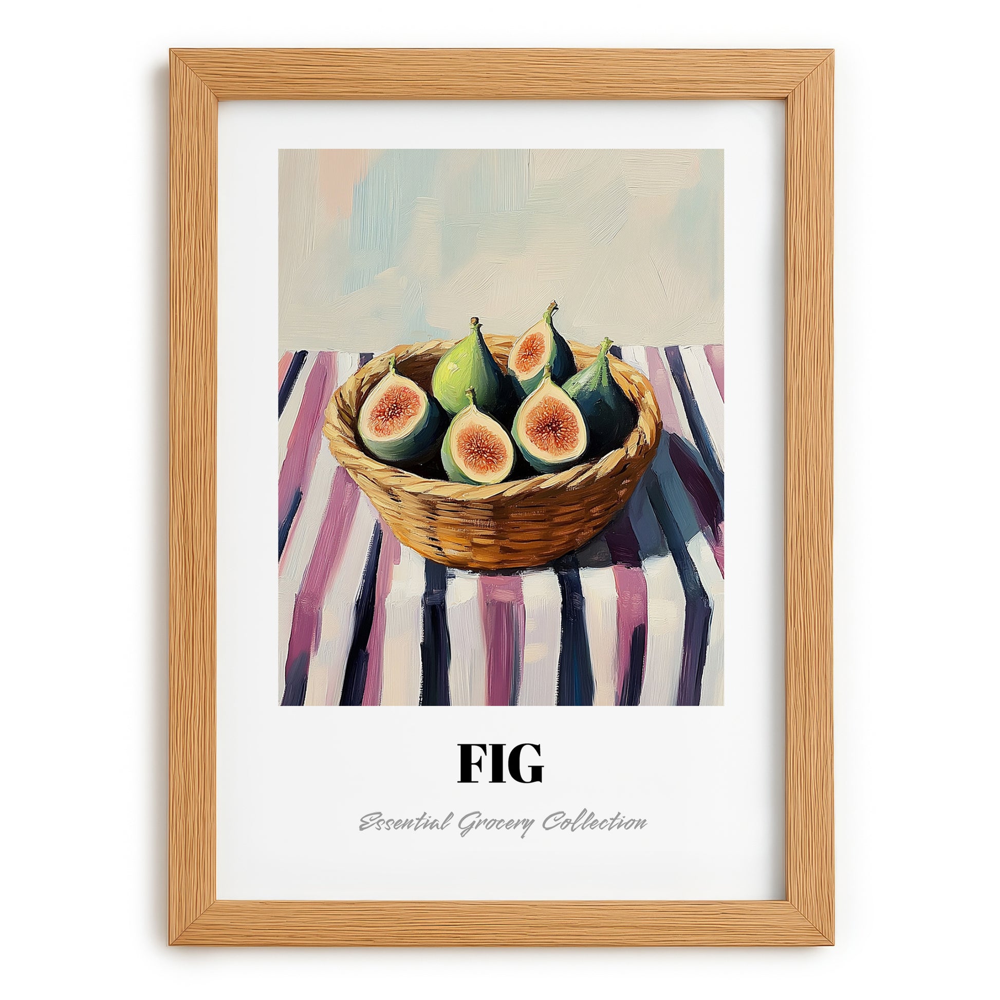 Fig – on Striped Tablecloth, Fruit Still Life, set in oak frame