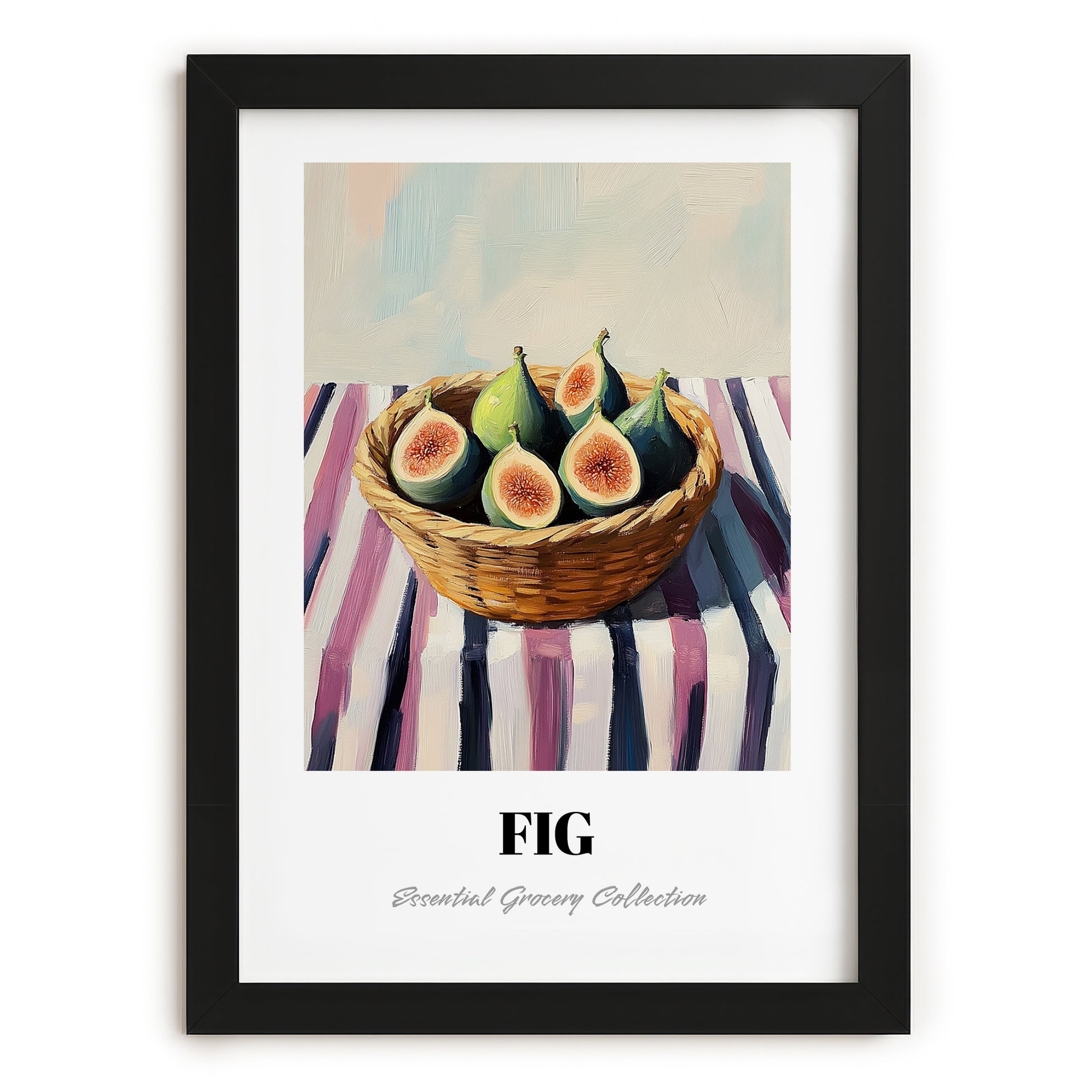Fig – on Striped Tablecloth, Fruit Still Life, in sleek black frame