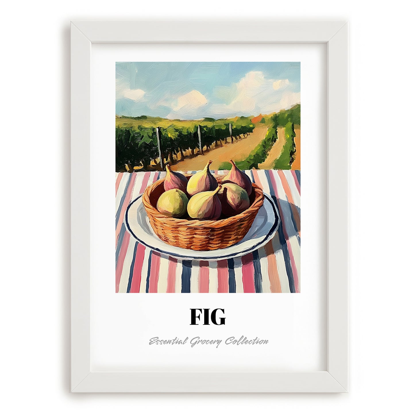 Fig – Valley Café Scene, Fruit Still Life, placed in minimal white frame