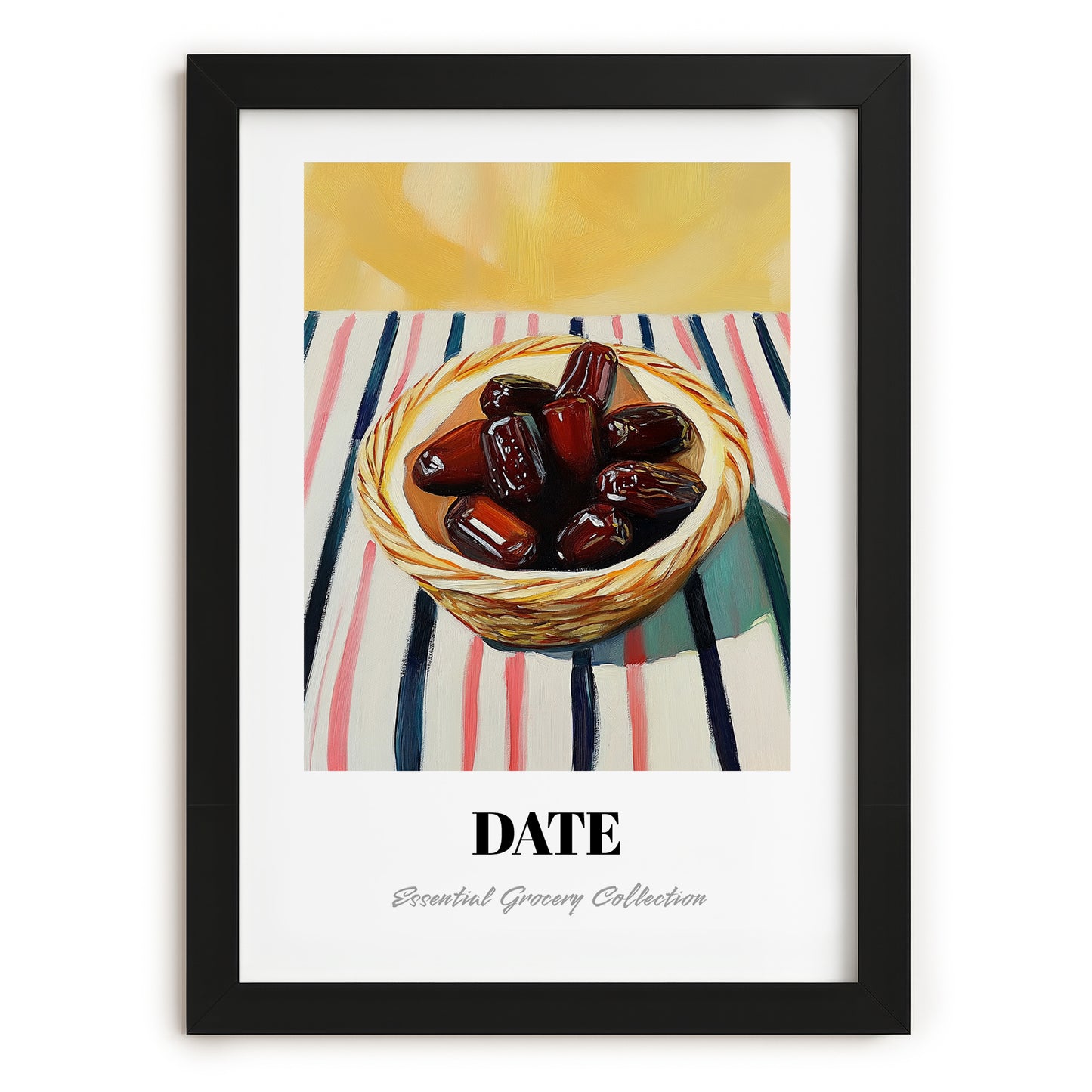 Date – on Striped Tablecloth, Fruit Print, in sleek black frame