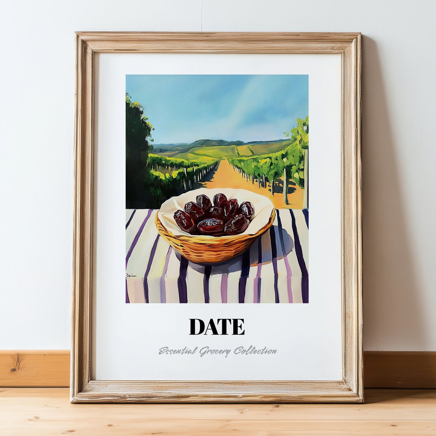 Date – Green Valley Landscape, Fruit Wall Decor, in wooden frame leaning on the floor