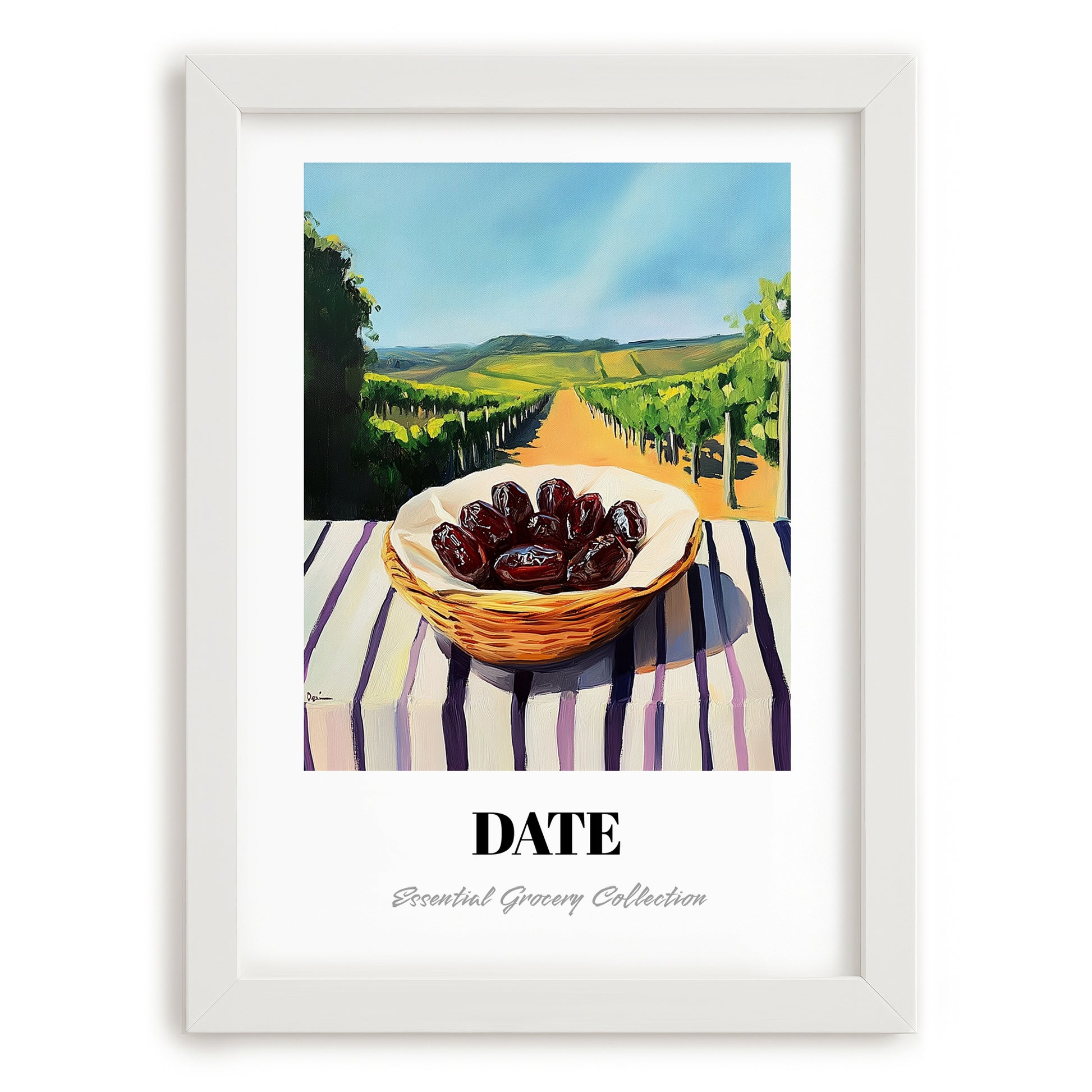 Date – Green Valley Landscape, Fruit Wall Decor, placed in minimal white frame