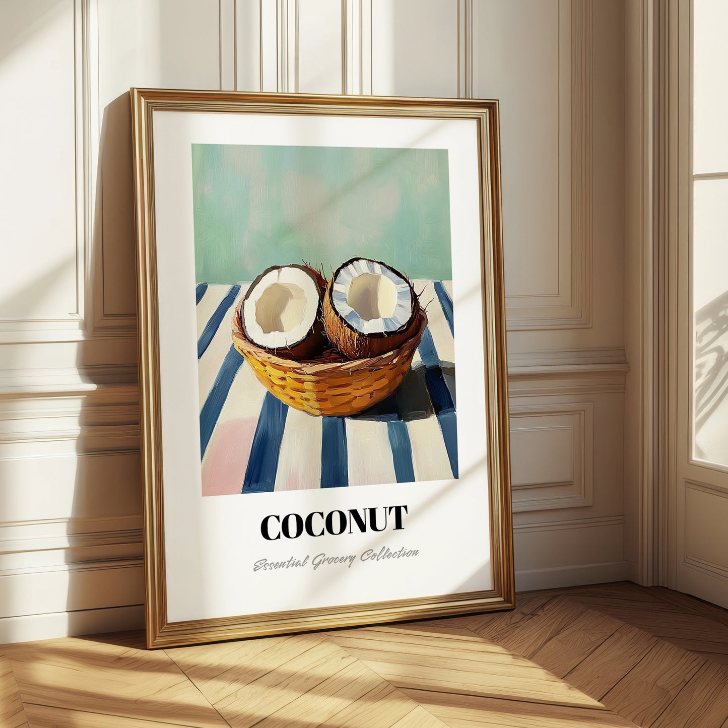Coconut – on Striped Tablecloth, Fruit Poster