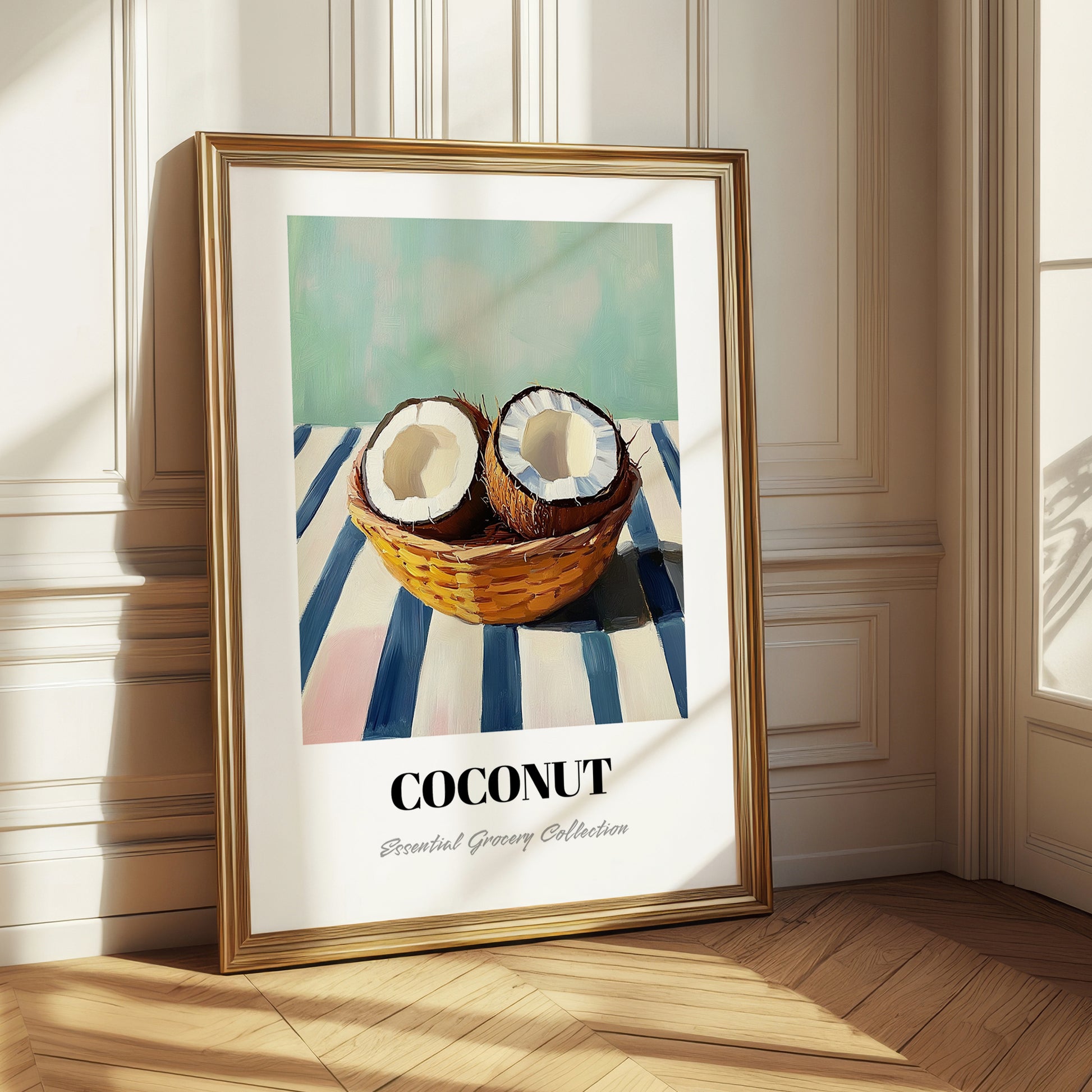 Coconut – on Striped Tablecloth, Fruit Poster
