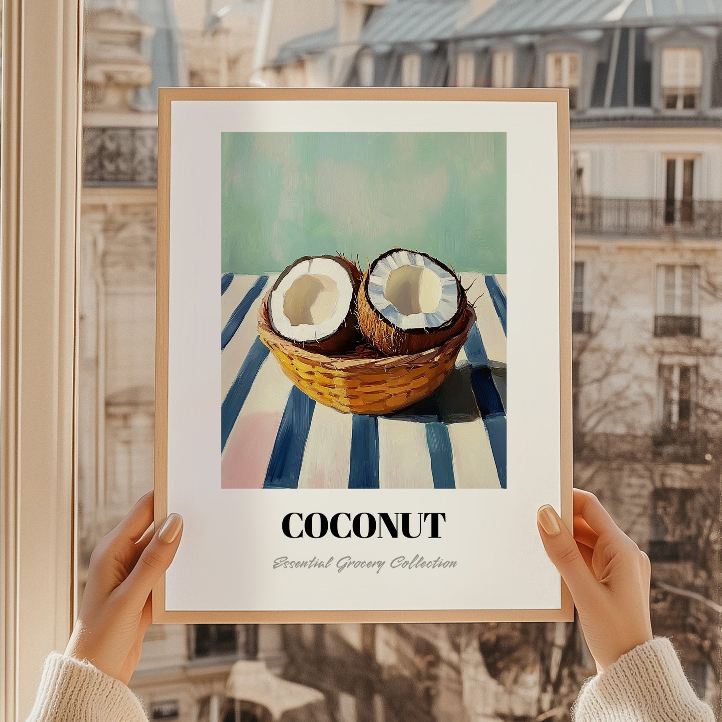 Coconut – on Striped Tablecloth, Fruit Poster, styled in a charming Paris street view