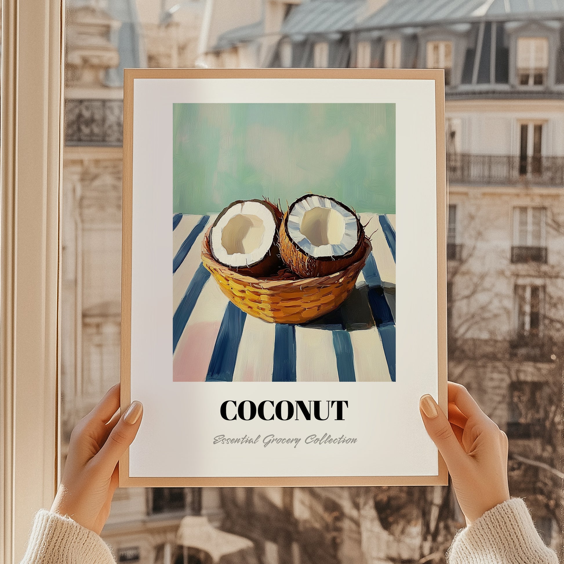 Coconut – on Striped Tablecloth, Fruit Poster, styled in a charming Paris street view