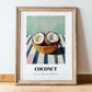 Coconut – on Striped Tablecloth, Fruit Poster, in wooden frame leaning on the floor