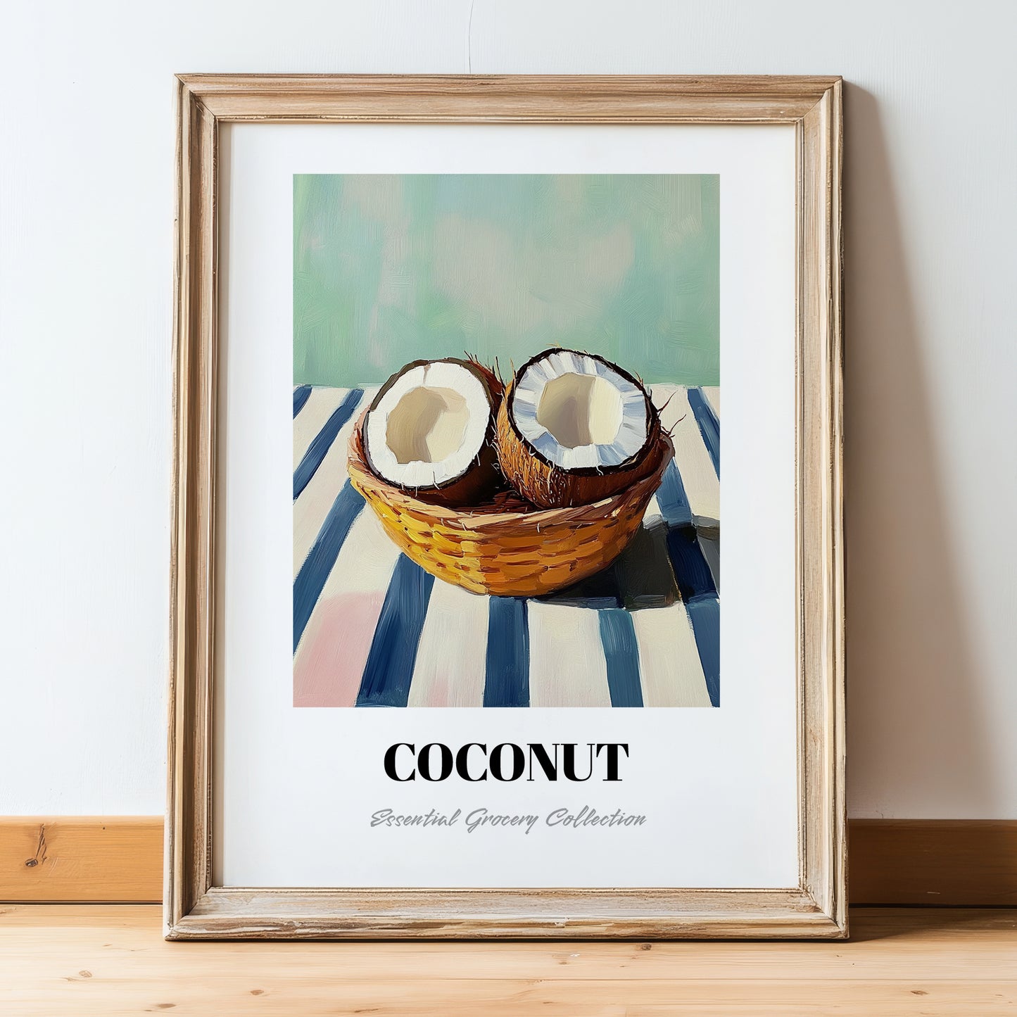 Coconut – on Striped Tablecloth, Fruit Poster, in wooden frame leaning on the floor