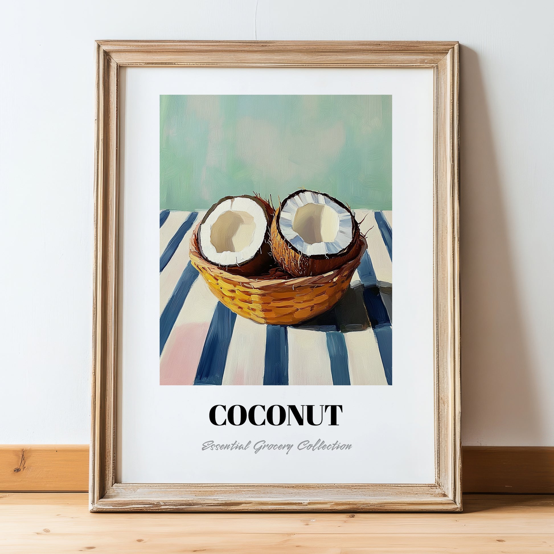 Coconut – on Striped Tablecloth, Fruit Poster, in wooden frame leaning on the floor