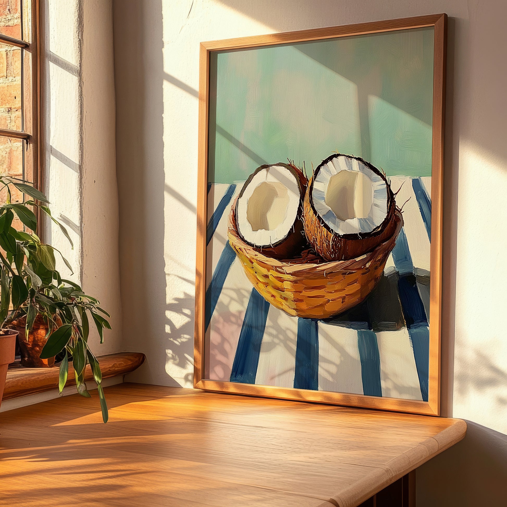 Coconut – on Striped Tablecloth, Fruit Poster, clean layout with no caption
