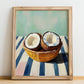 Coconut – on Striped Tablecloth, Fruit Poster, no-text version framed in wood