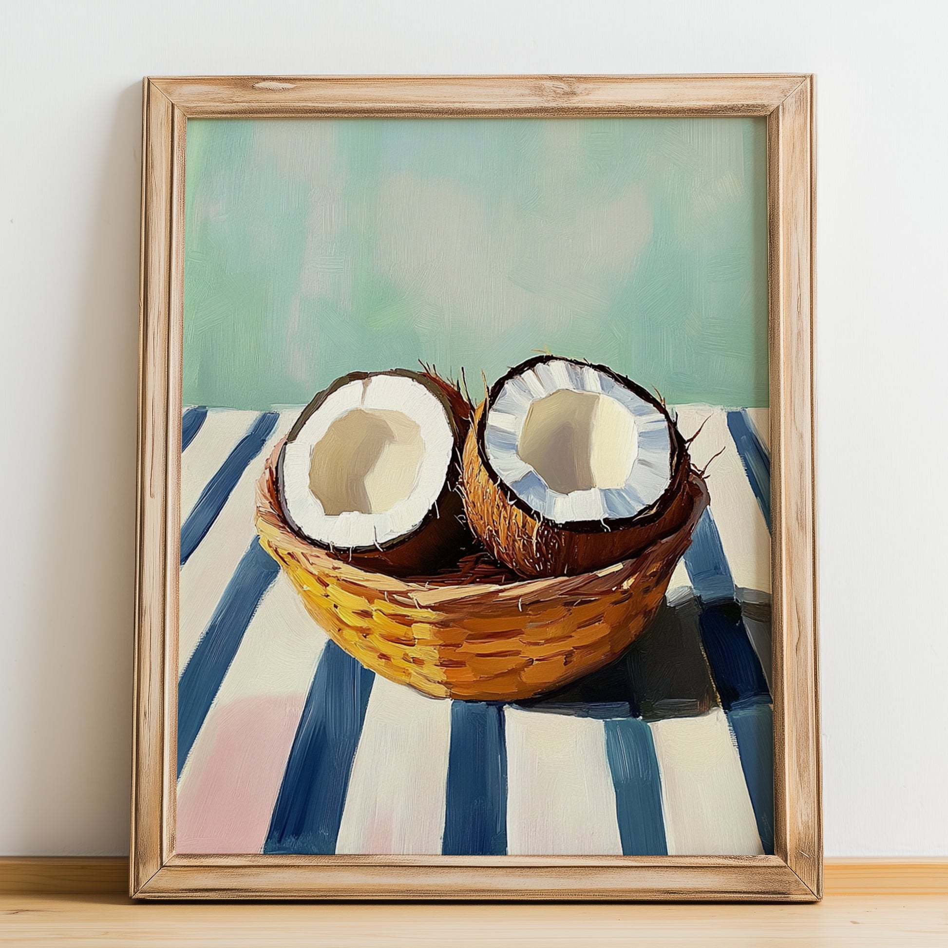 Coconut – on Striped Tablecloth, Fruit Poster, no-text version framed in wood