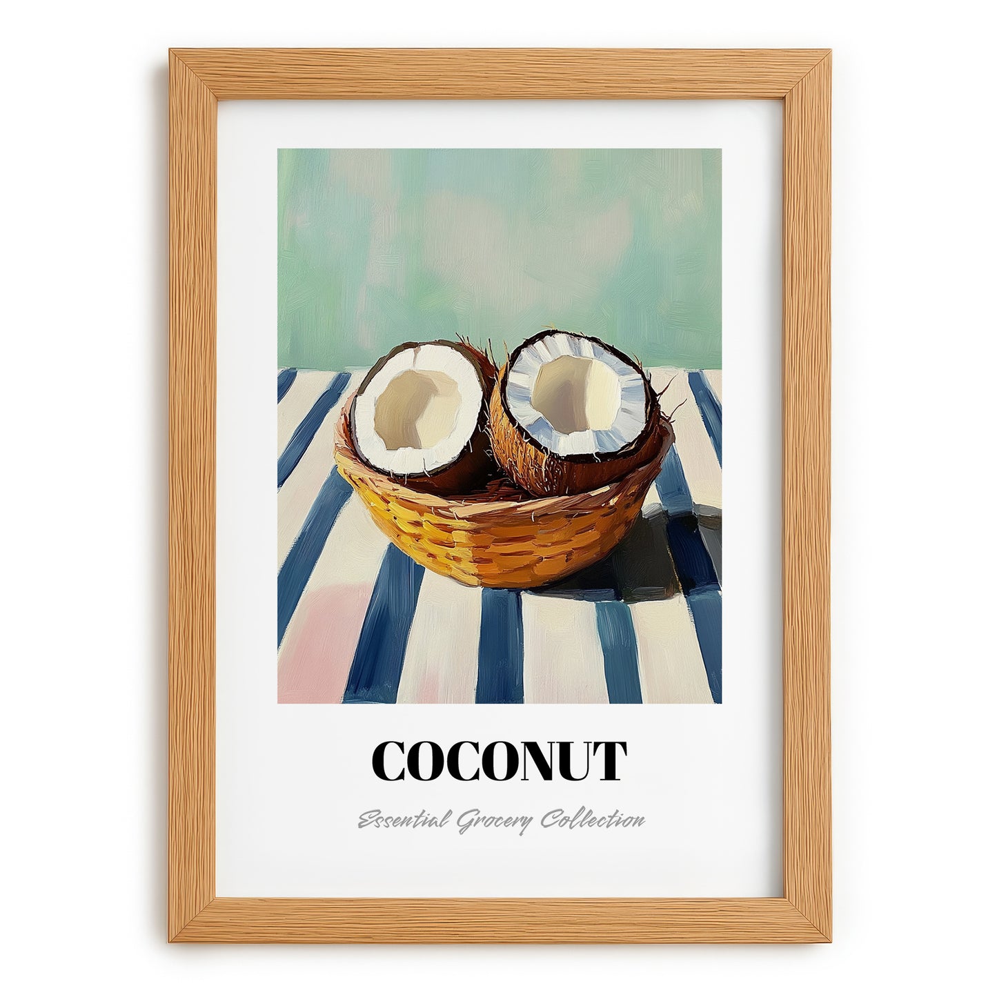 Coconut – on Striped Tablecloth, Fruit Poster, set in oak frame