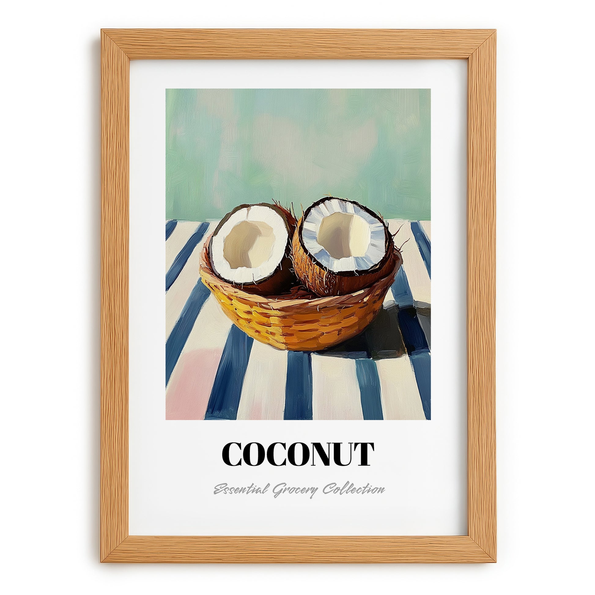 Coconut – on Striped Tablecloth, Fruit Poster, set in oak frame