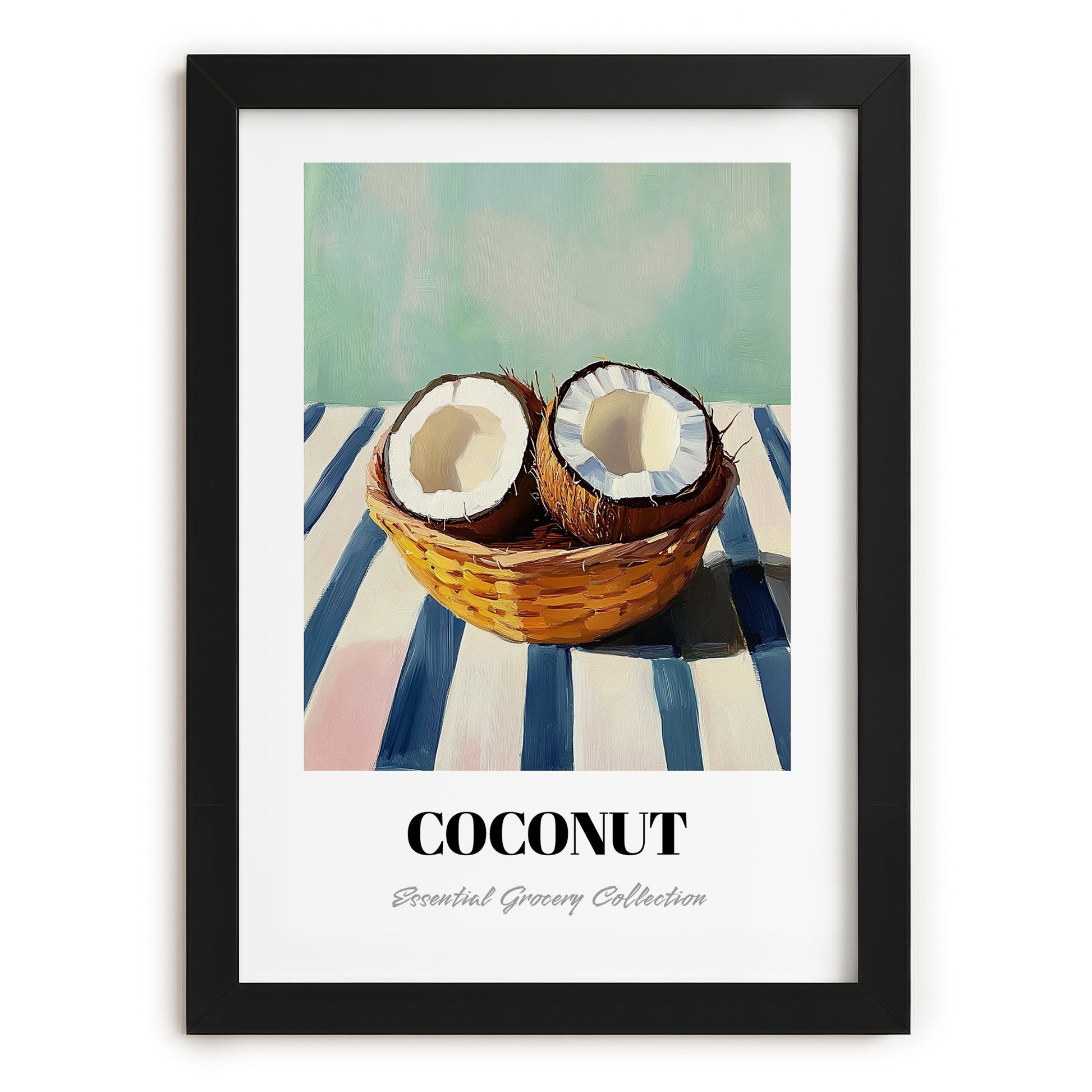 Coconut – on Striped Tablecloth, Fruit Poster, in sleek black frame