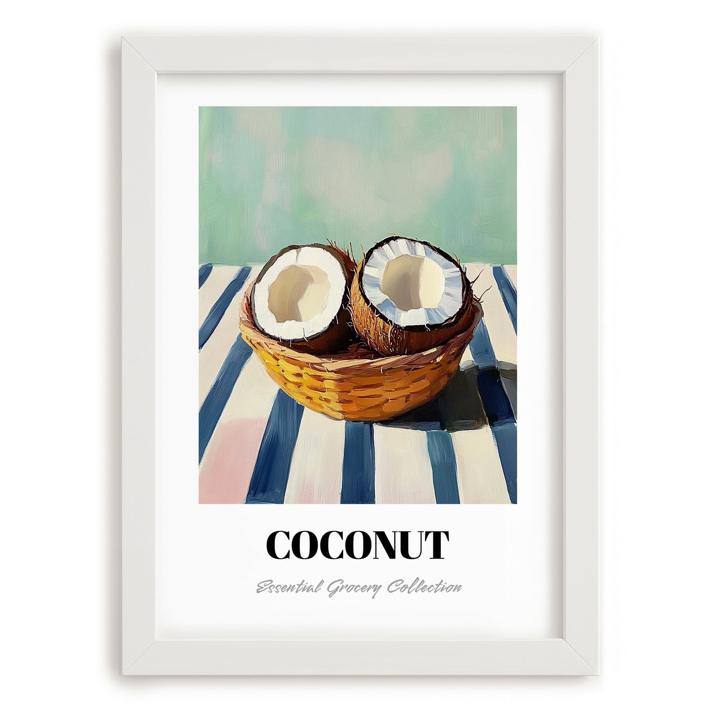 Coconut – on Striped Tablecloth, Fruit Poster, placed in minimal white frame