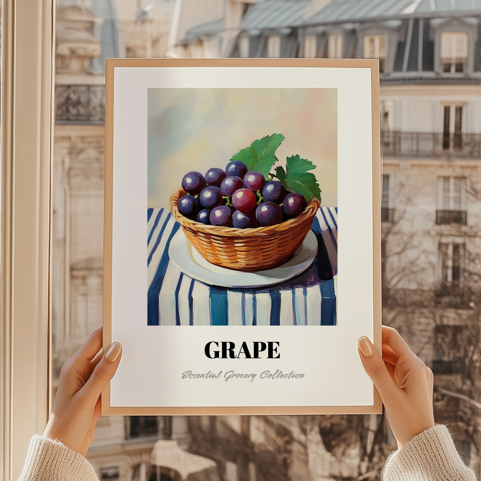 Grape – on Striped Tablecloth, Fruit Wall Decor, styled in a charming Paris street view