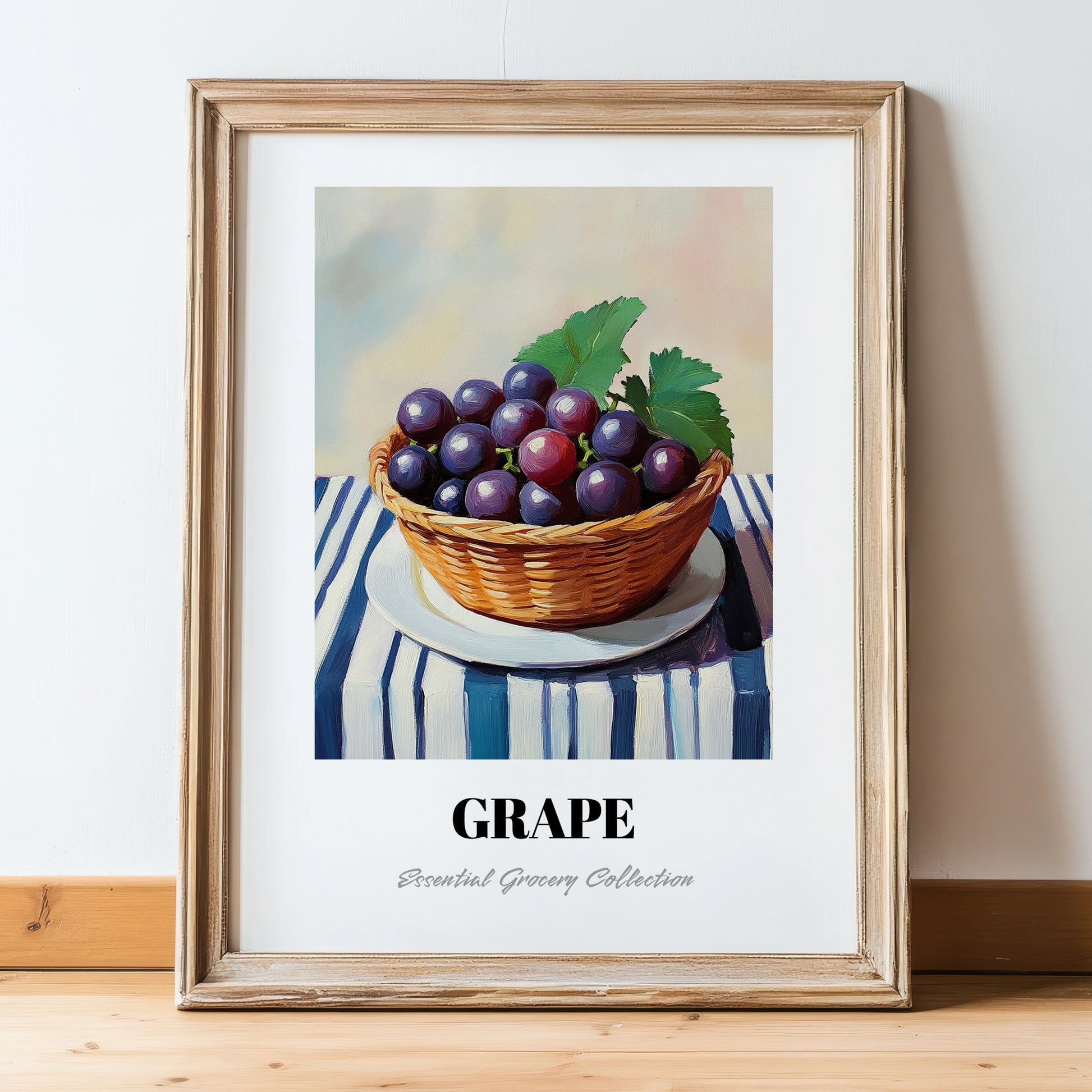 Grape – on Striped Tablecloth, Fruit Wall Decor, in wooden frame leaning on the floor
