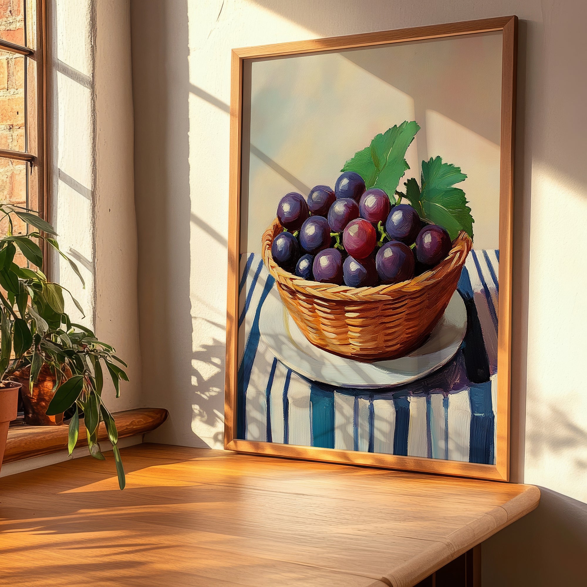 Grape – on Striped Tablecloth, Fruit Wall Decor, clean layout with no caption
