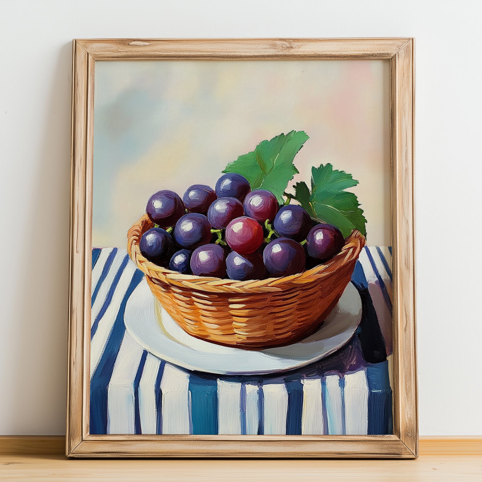 Grape – on Striped Tablecloth, Fruit Wall Decor, no-text version framed in wood