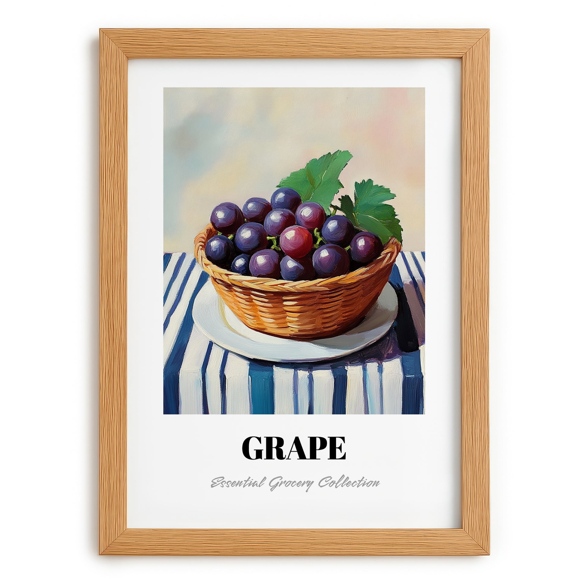 Grape – on Striped Tablecloth, Fruit Wall Decor, set in oak frame