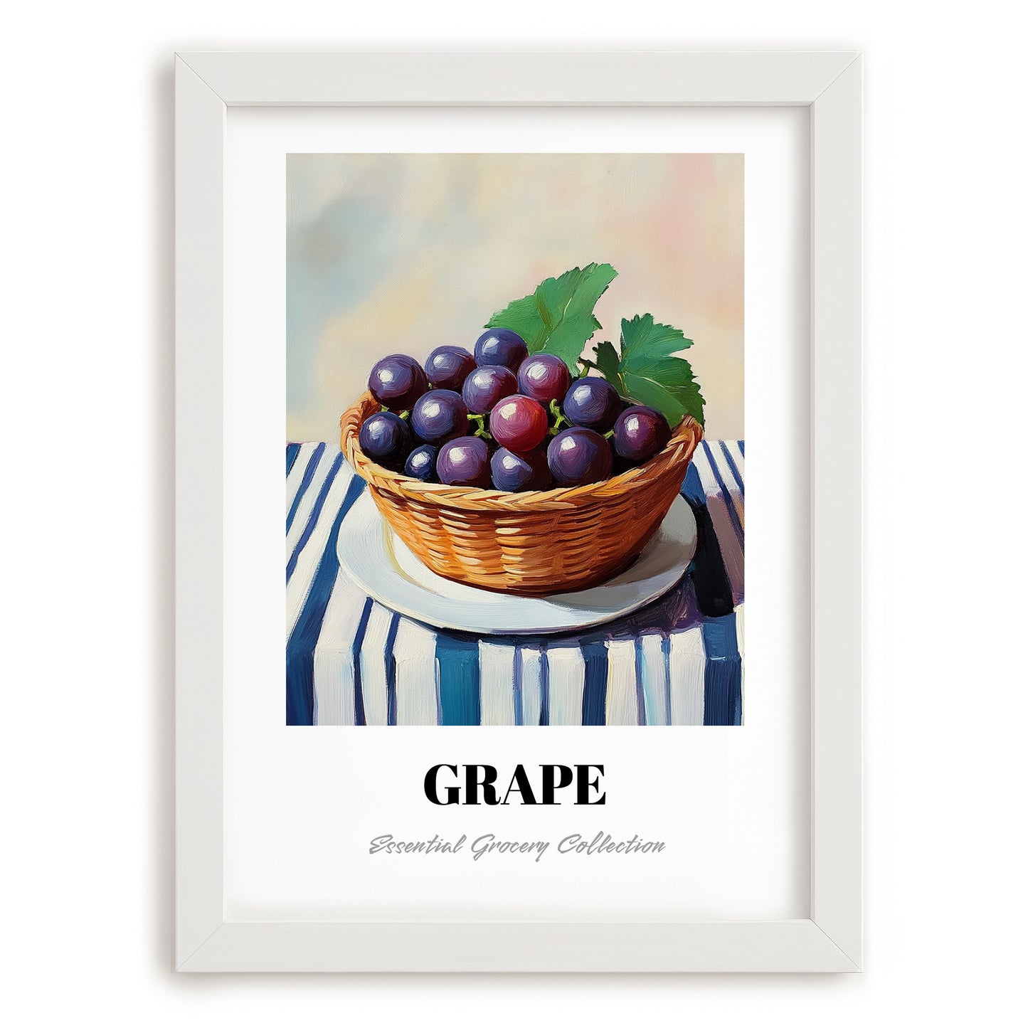 Grape – on Striped Tablecloth, Fruit Wall Decor, placed in minimal white frame