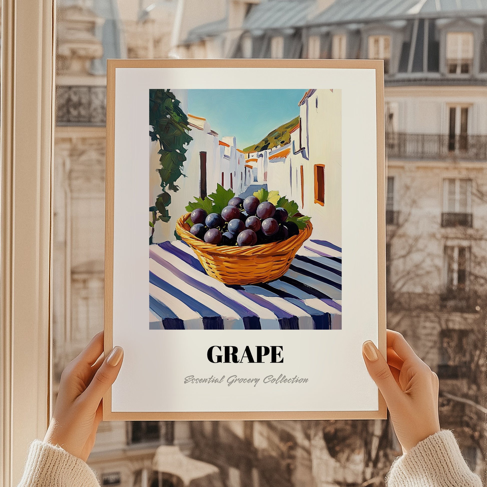 Grape – White village Street Café Scene, Fruit Wall Decor, styled in a charming Paris street view