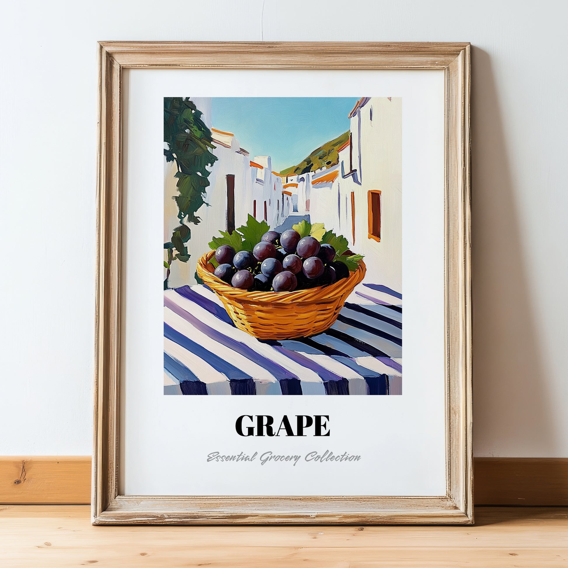 Grape – White village Street Café Scene, Fruit Wall Decor, in wooden frame leaning on the floor