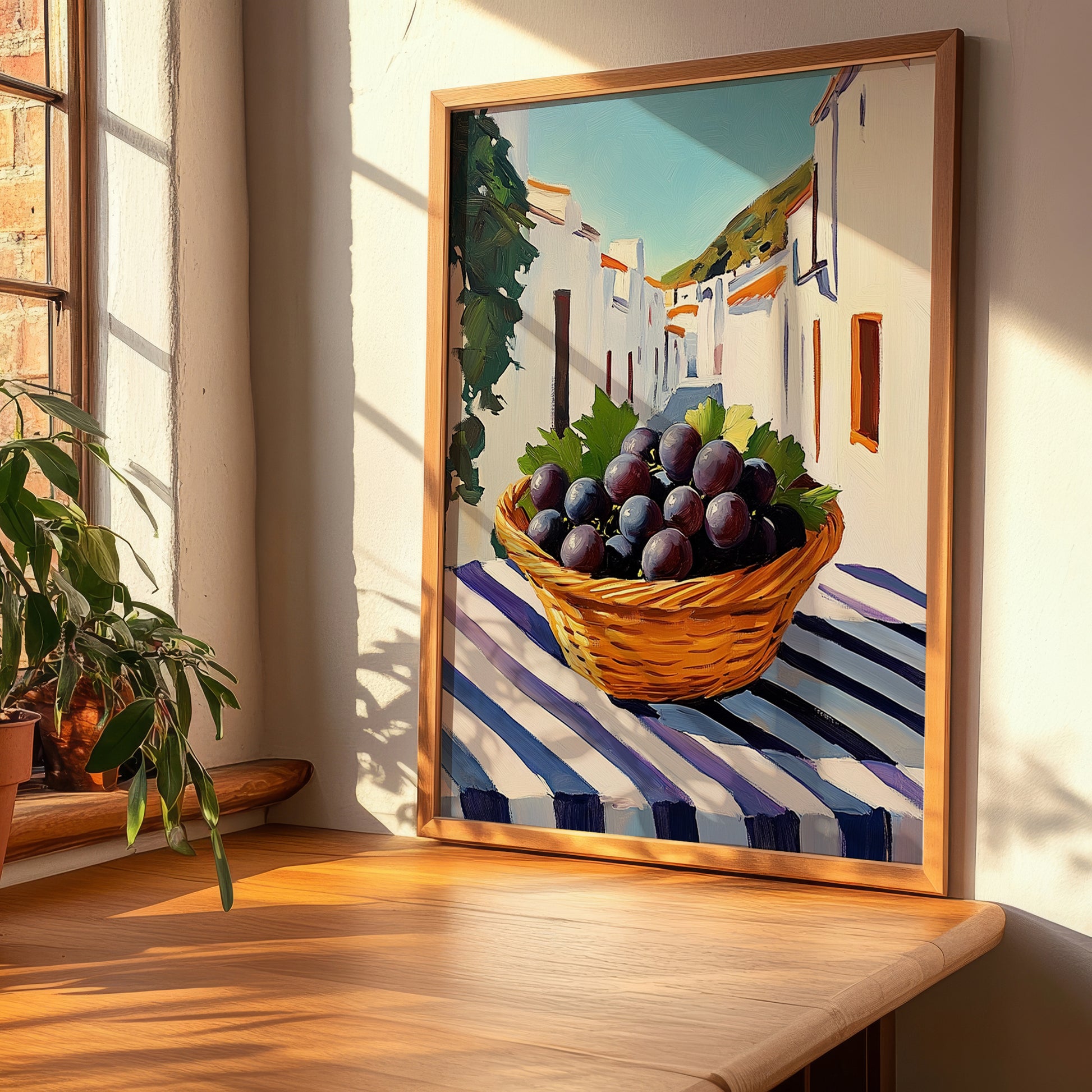 Grape – White village Street Café Scene, Fruit Wall Decor, clean layout with no caption