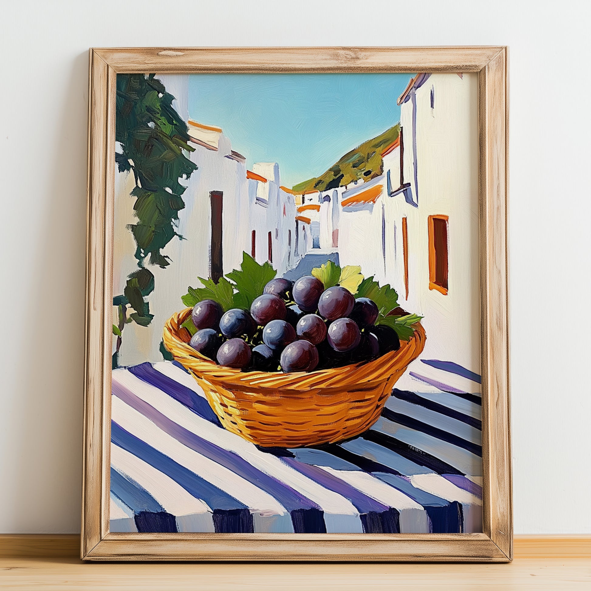 Grape – White village Street Café Scene, Fruit Wall Decor, no-text version framed in wood