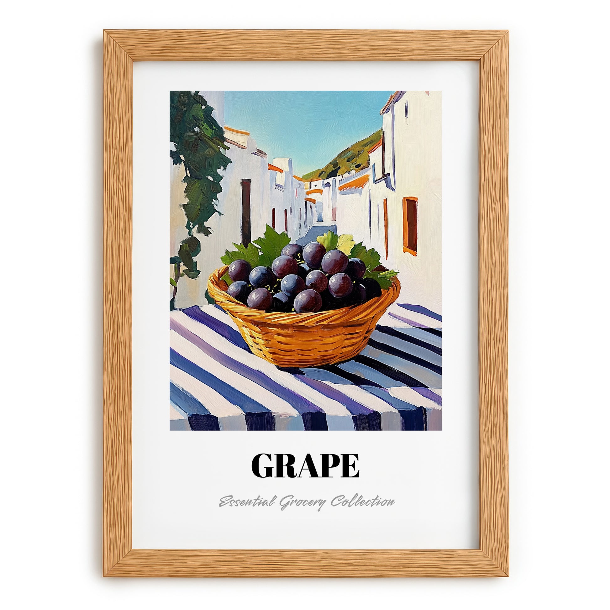 Grape – White village Street Café Scene, Fruit Wall Decor, set in oak frame