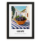 Grape – White village Street Café Scene, Fruit Wall Decor, in sleek black frame